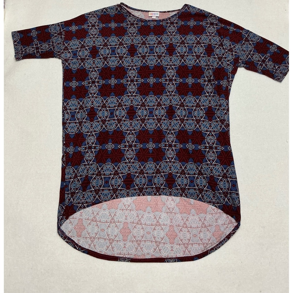 LuLaRoe Irma Tunic Top Womens Small Burgundy Blue Geometric Boho High Low Hem